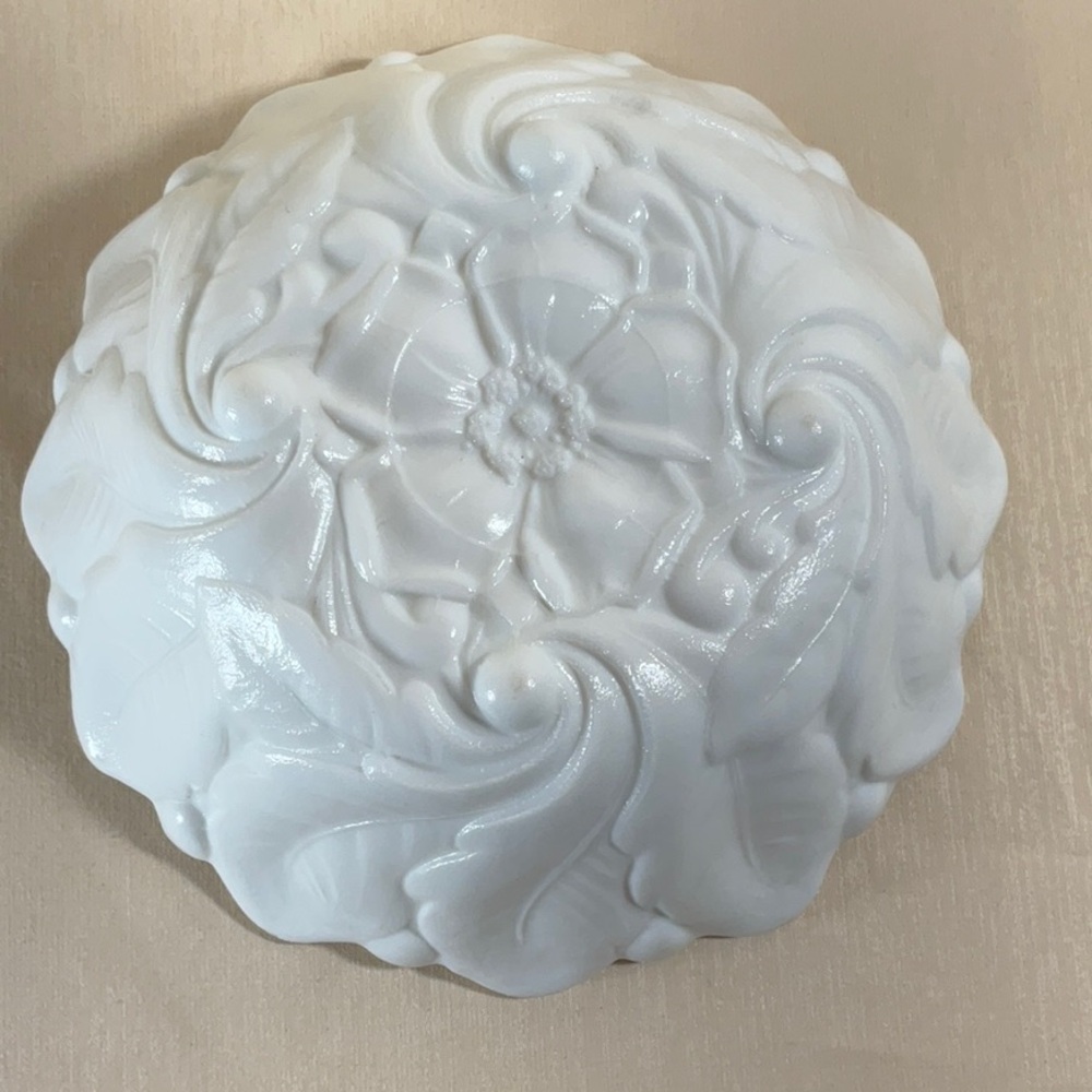 Milk Glass Footed Bowl with Pressed Floral Design 9” Vintage